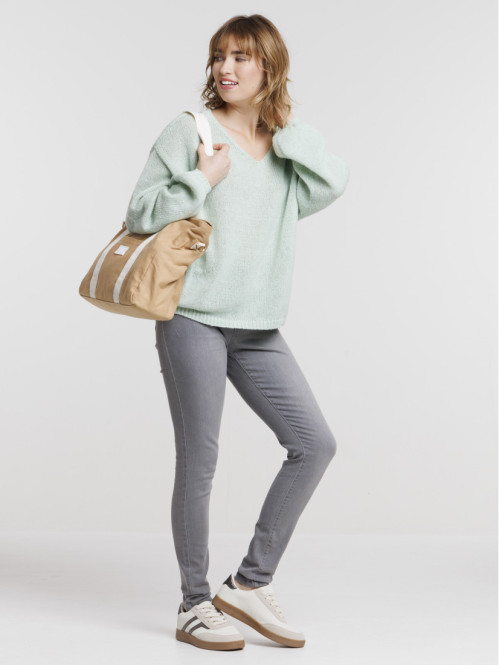 Pull col V vert retro femme