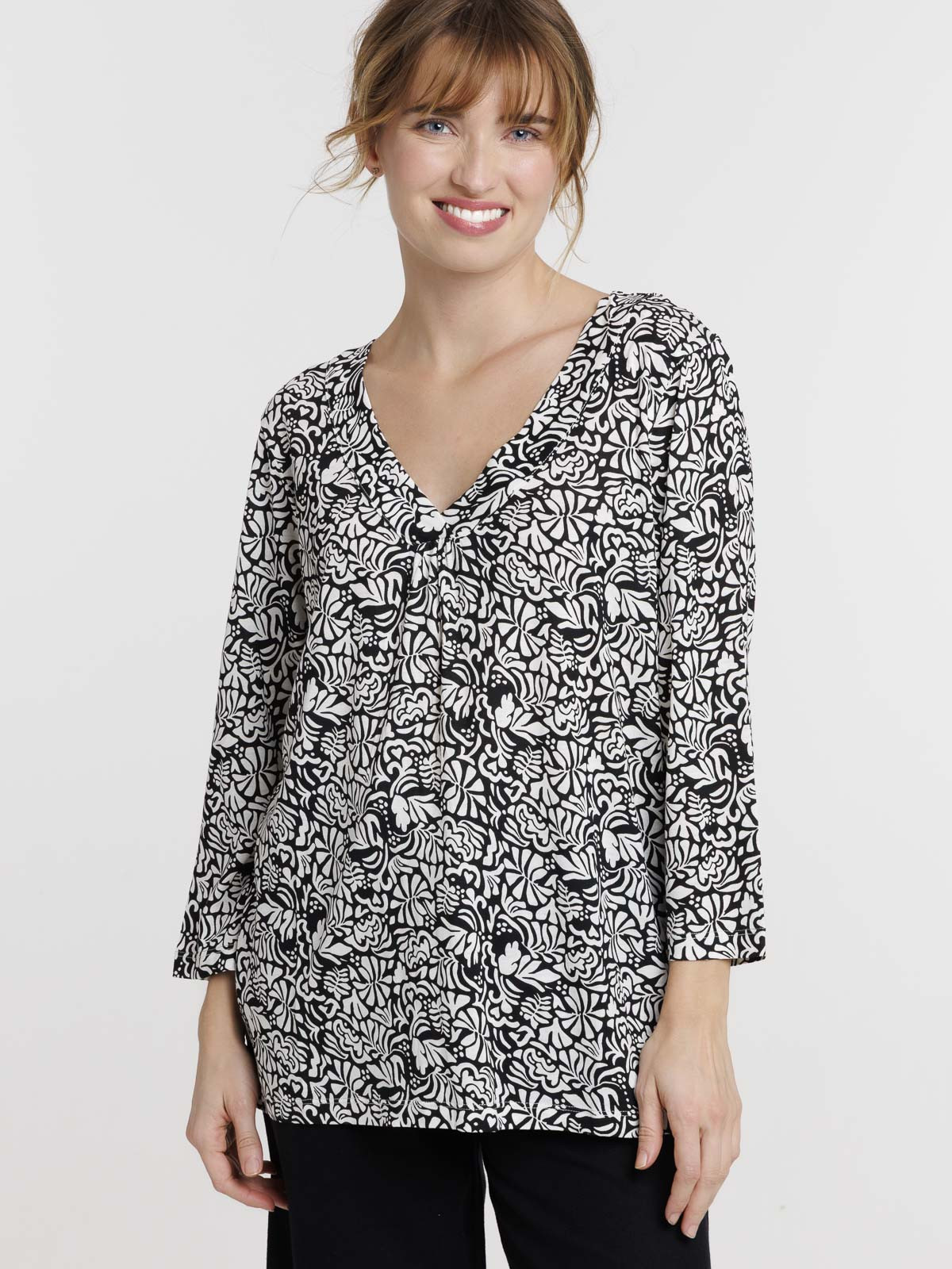 T-shirt noir imprimé végétal femme