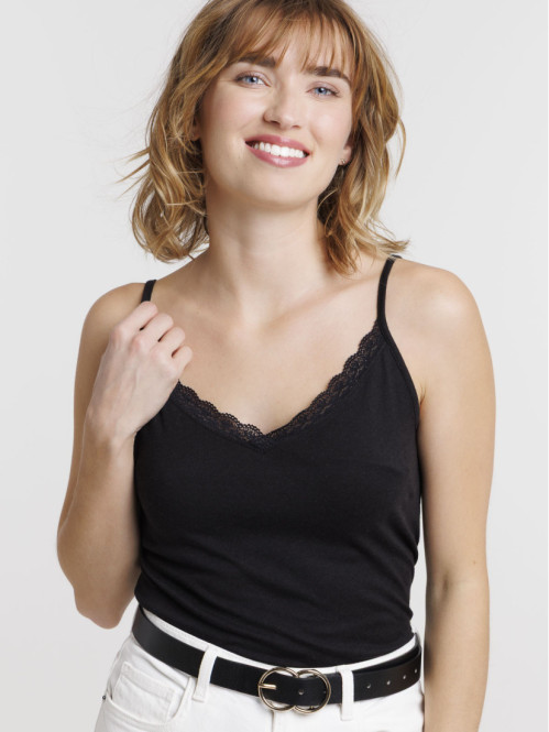 Débardeur col V dentelle noir femme