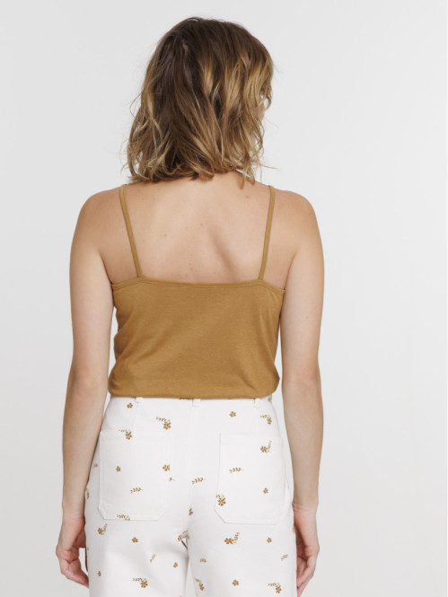 Débardeur col V dentelle caramel femme