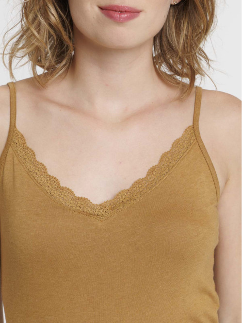 Débardeur col V dentelle caramel femme