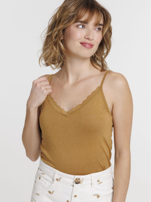 Débardeur col V dentelle caramel femme