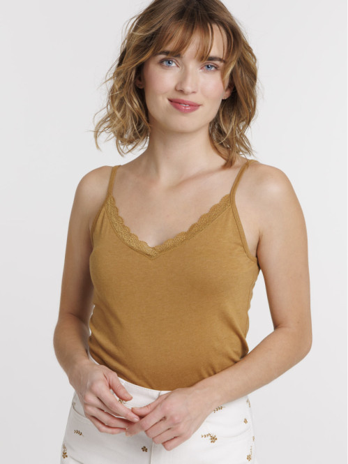 Débardeur col V dentelle caramel femme