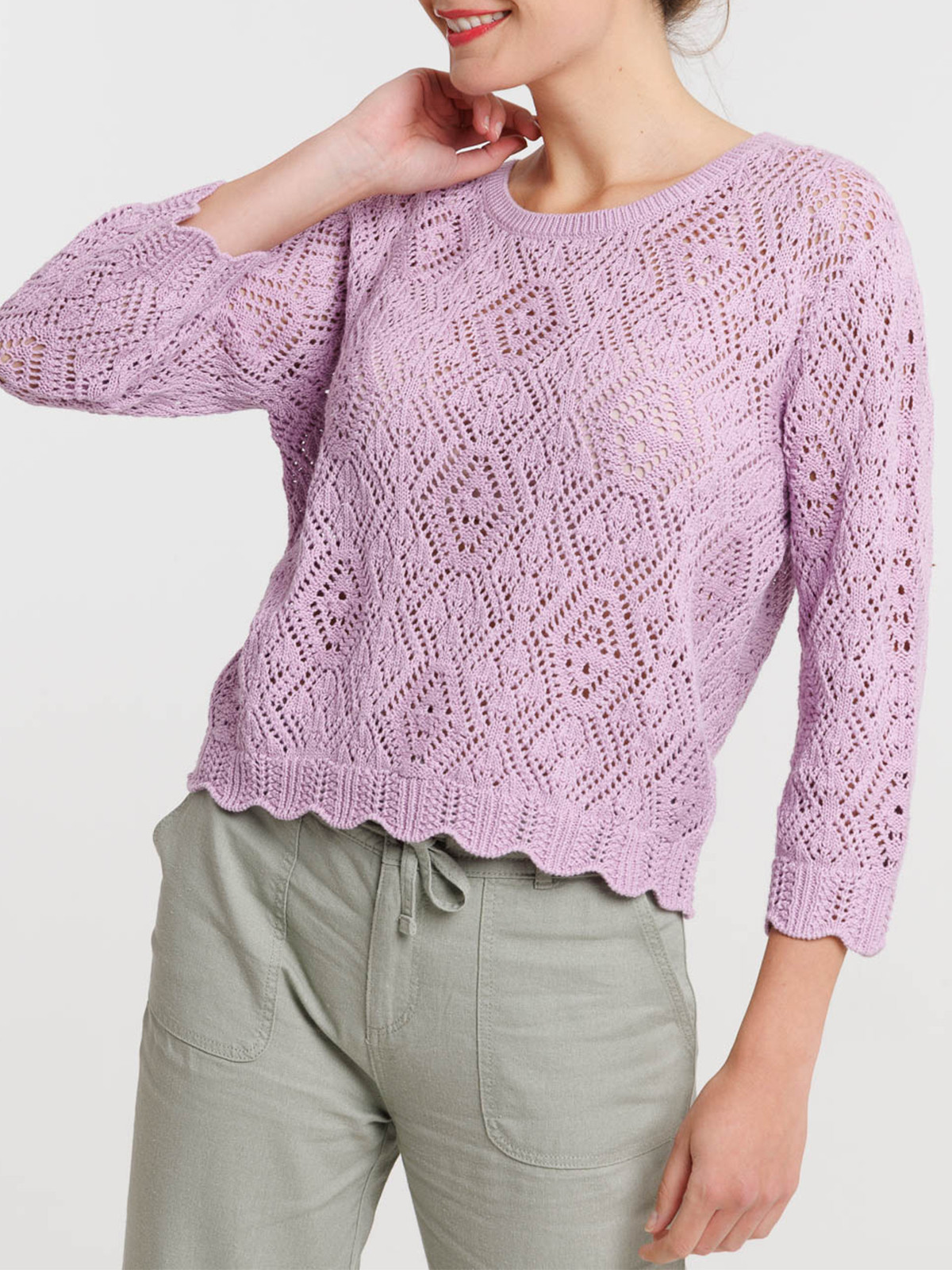 Pull ajouré col rond parme clair femme