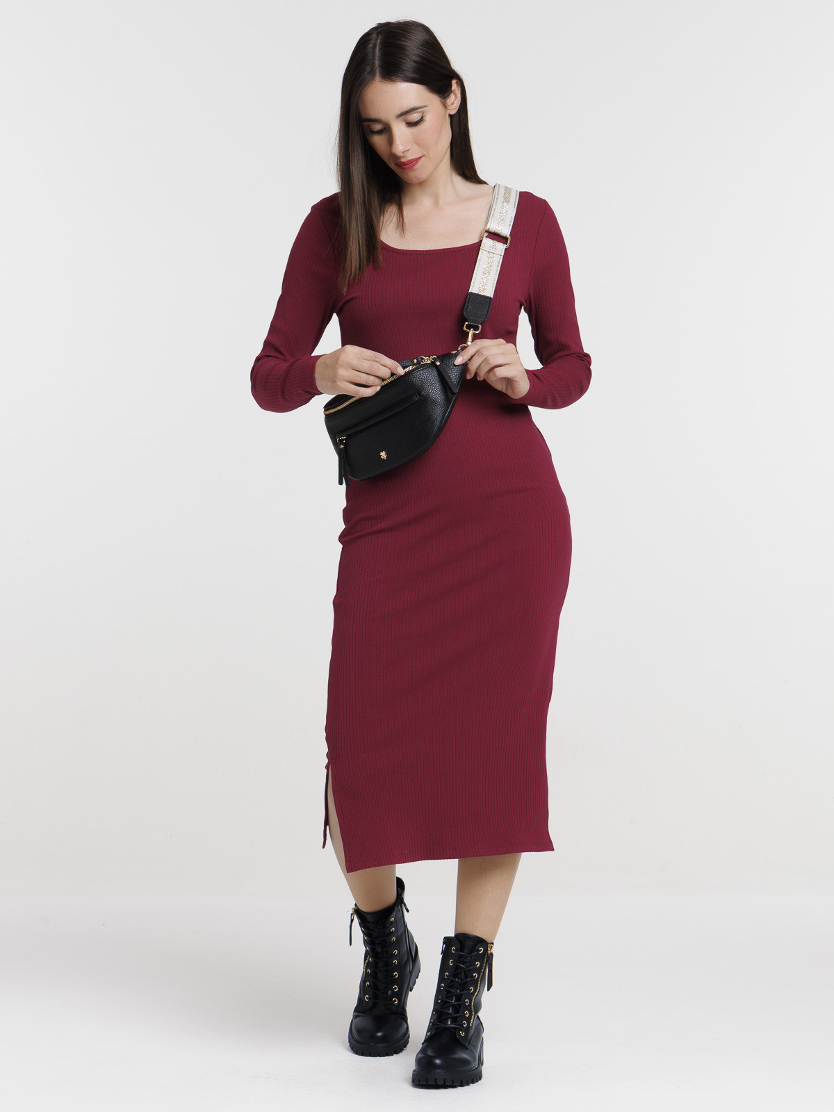 Robe longue côtelée lie de vin femme