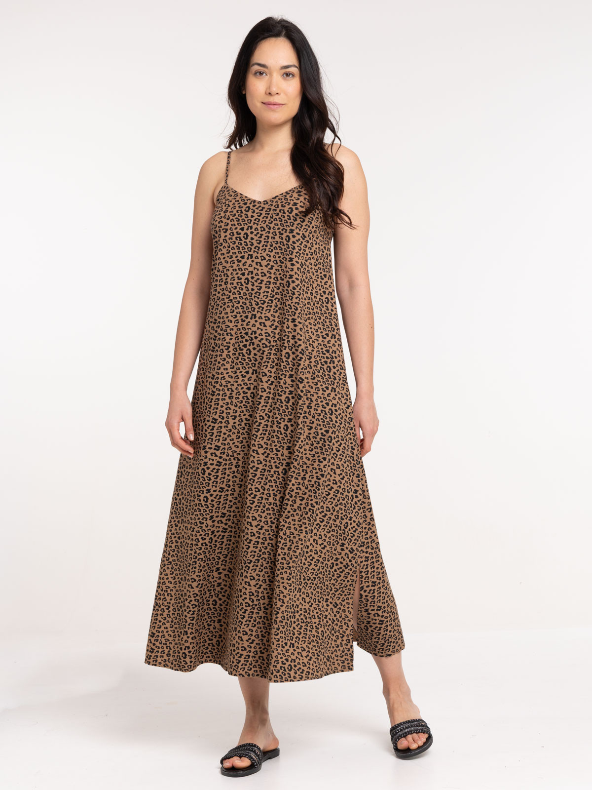 Robe longue satinée léopard femme