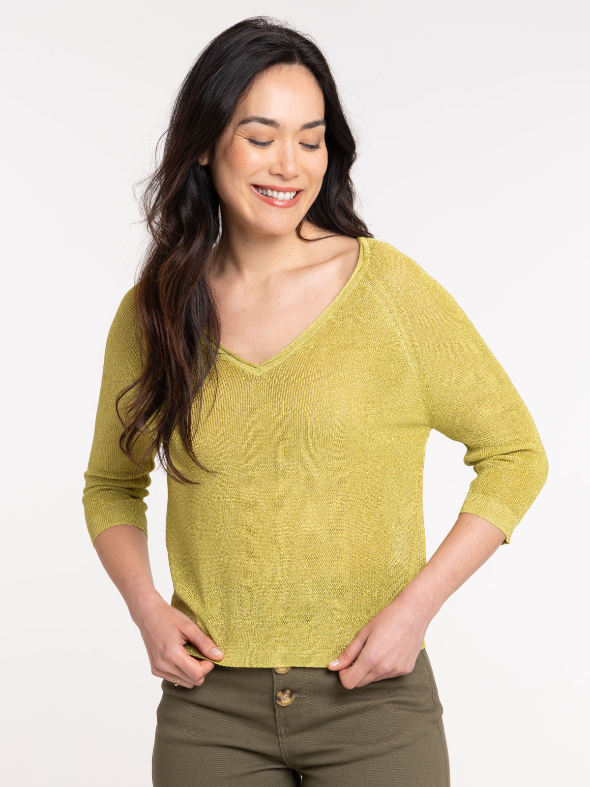 Pull col V brillant olivette femme Pull col V brillant olivette femme