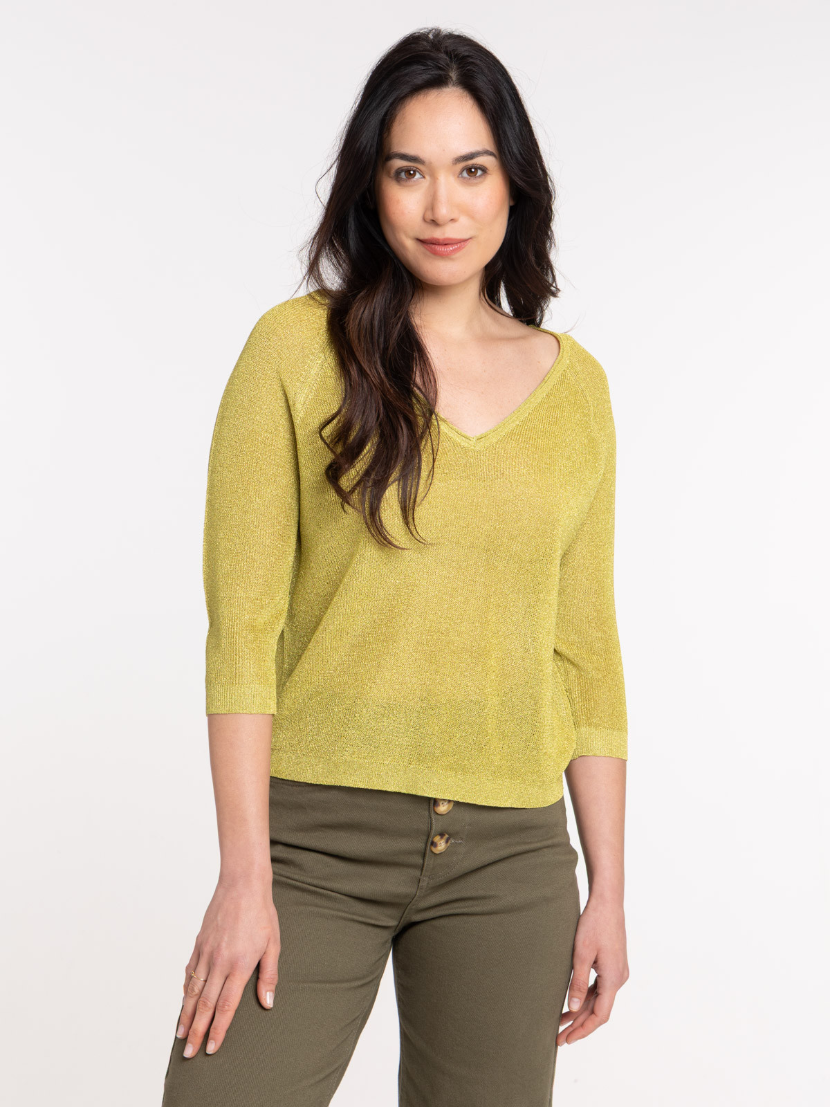 Pull col V brillant olivette femme Pull col V brillant olivette femme