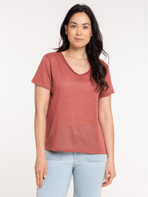 T-shirt col V marsala femme