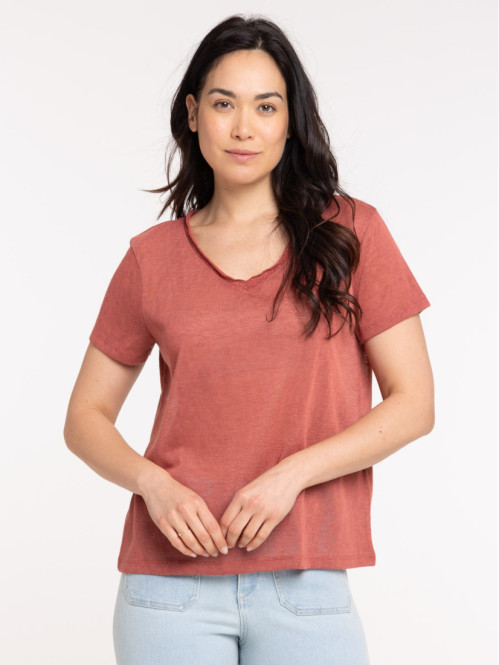 T-shirt col V marsala femme