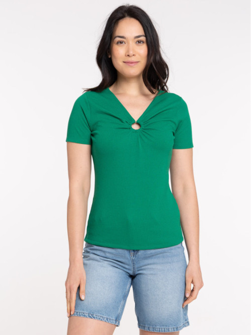 T-shirt col V anneau vert...