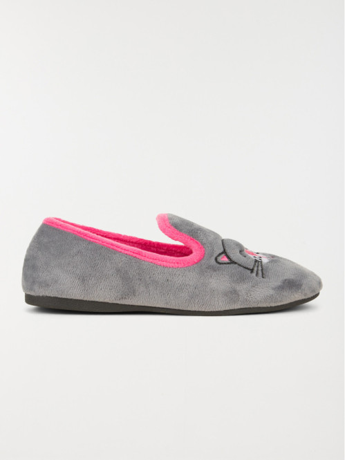 Pantoufle broderie chat gris (36-41)