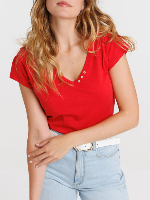 T-shirt col V avec boutons...