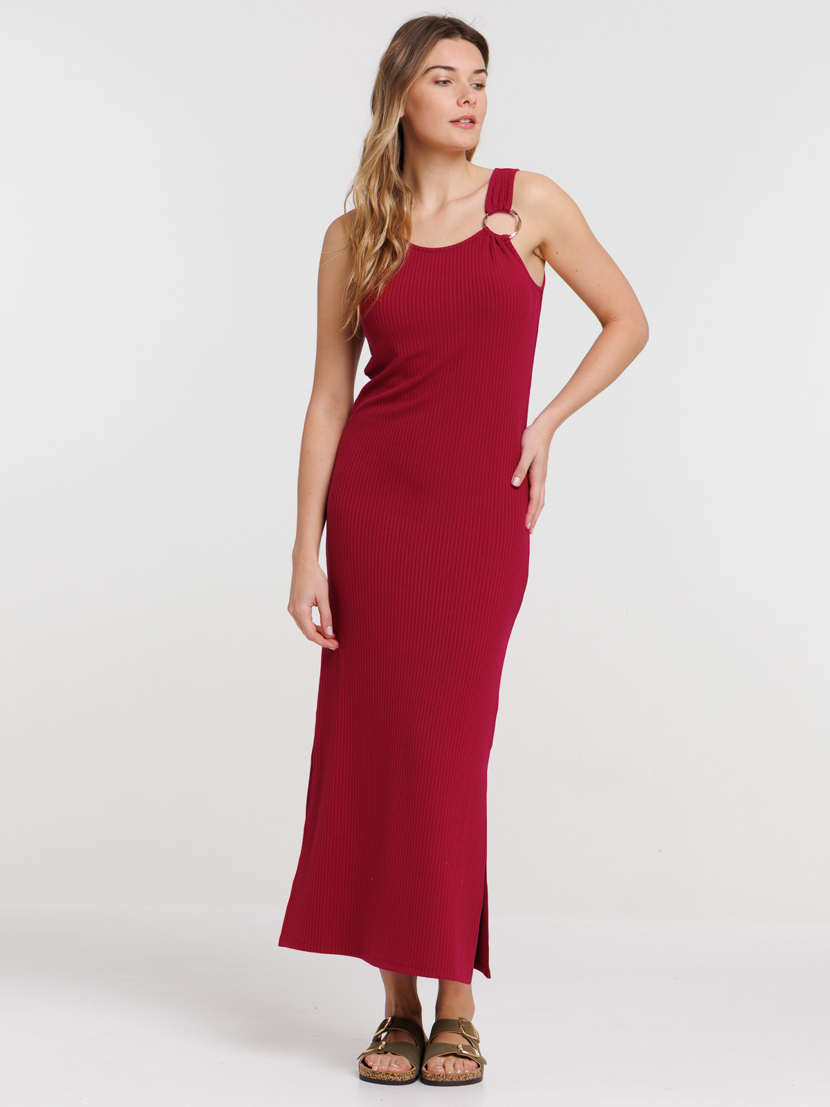 Robe longue côtelée bourgogne femme
