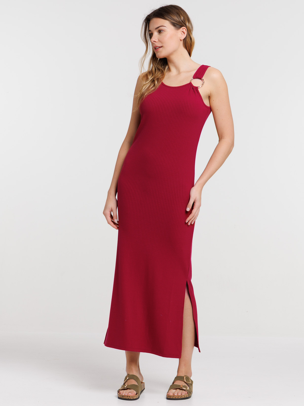 Robe longue côtelée bourgogne femme