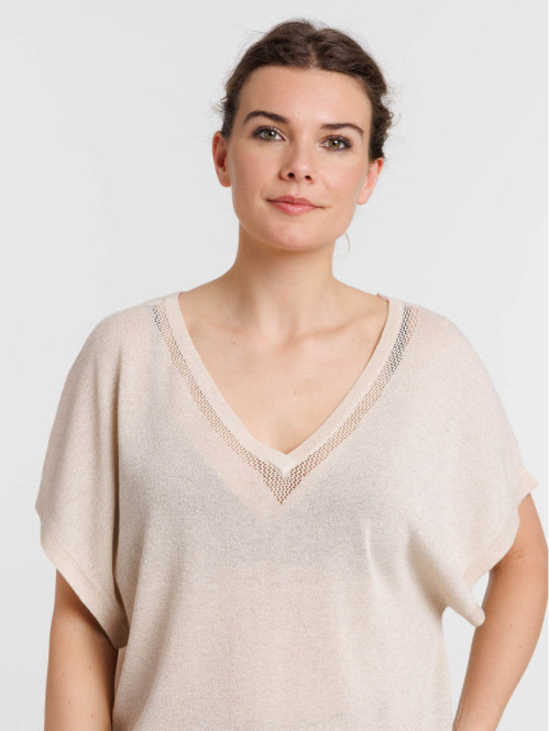 Pull femme col V brillant