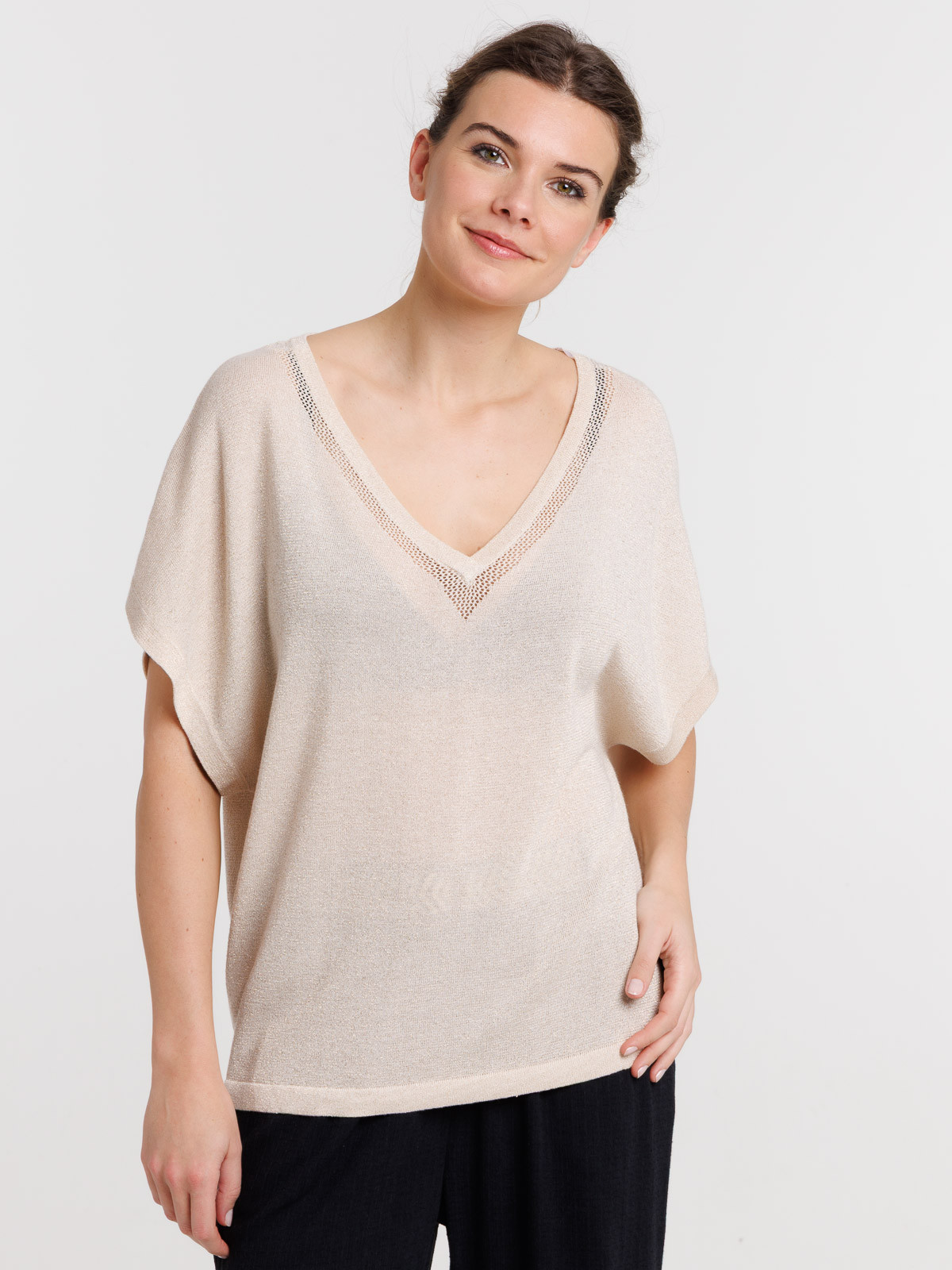 Pull femme col V brillant