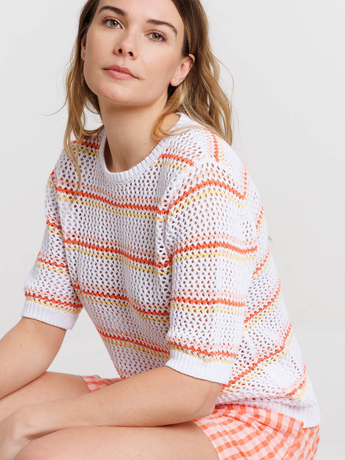 Pull manches courtes rayures femme