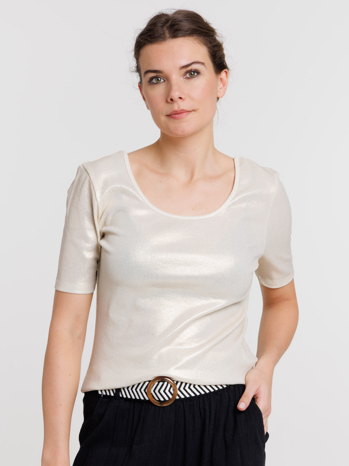 T-shirt côtelé coloris nacre femme T-shirt côtelé coloris nacre femme