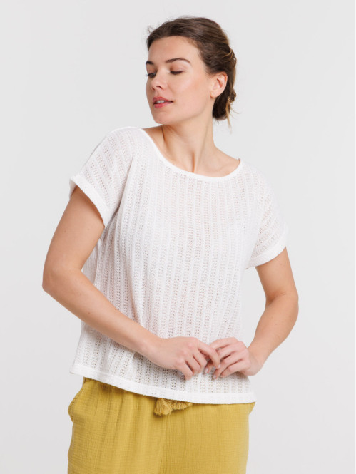 T-shirt maille ajourée écru...