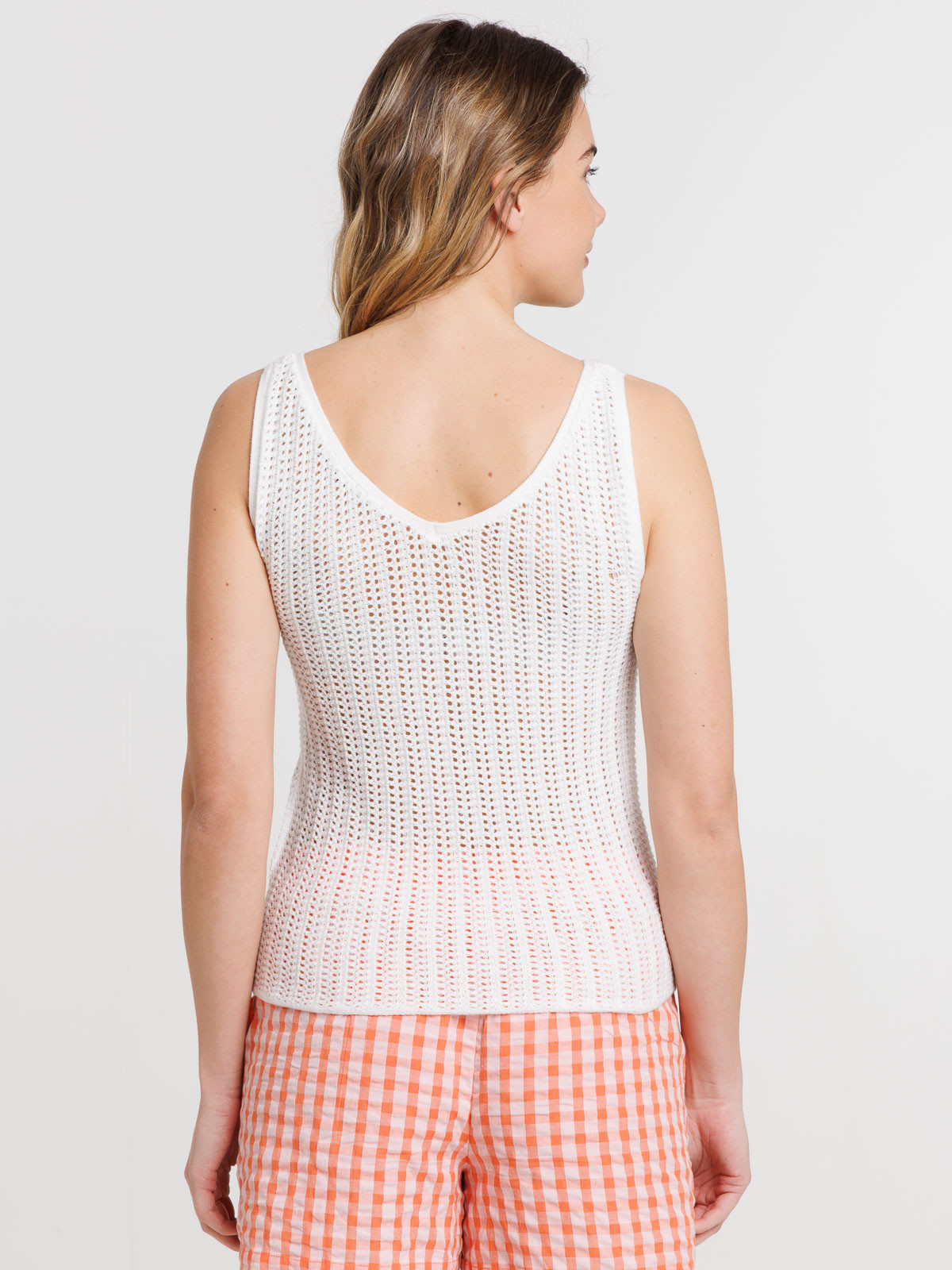 Débardeur écru maille crochet femme