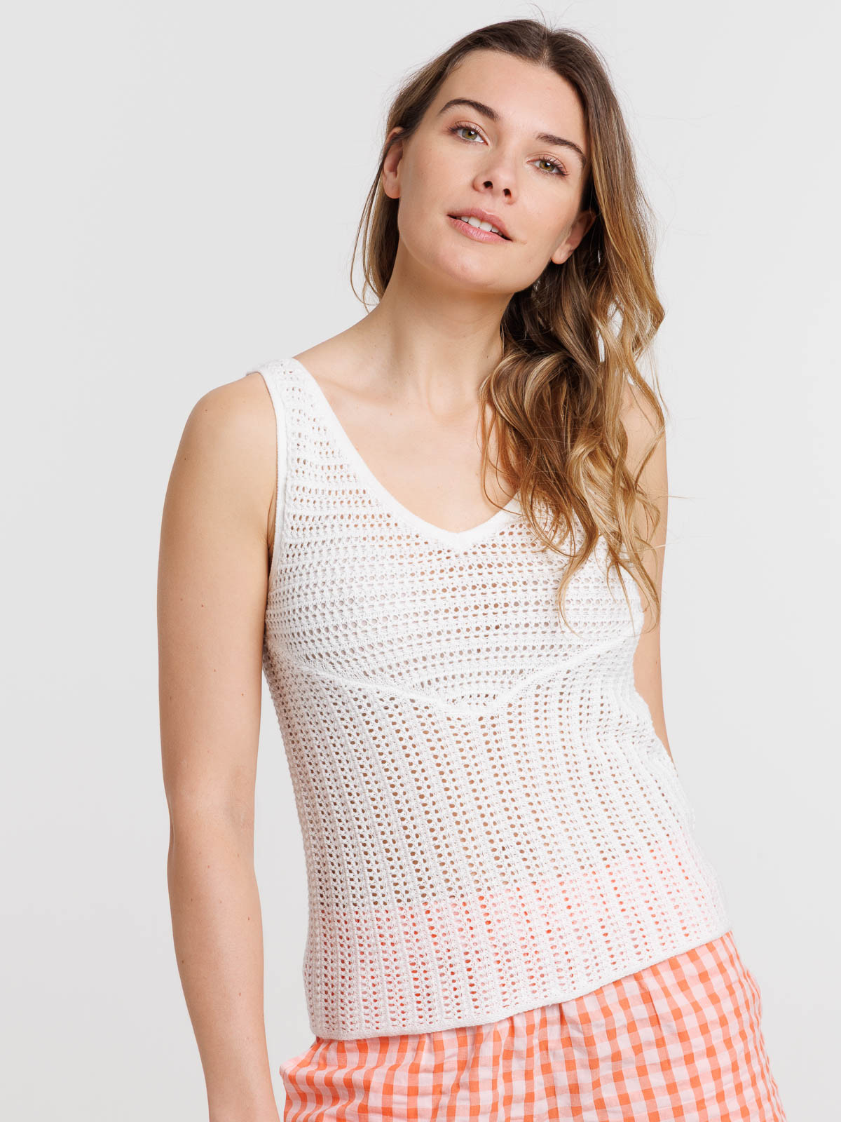 Débardeur écru maille crochet femme