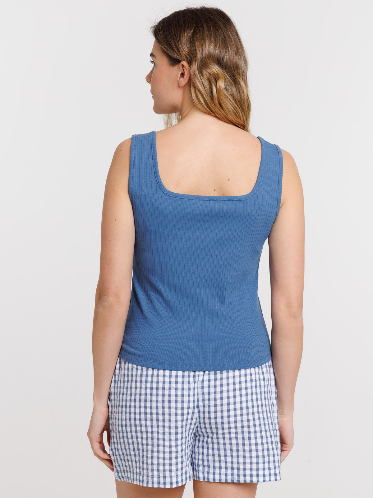 Débardeur côtelé femme bleu horizon