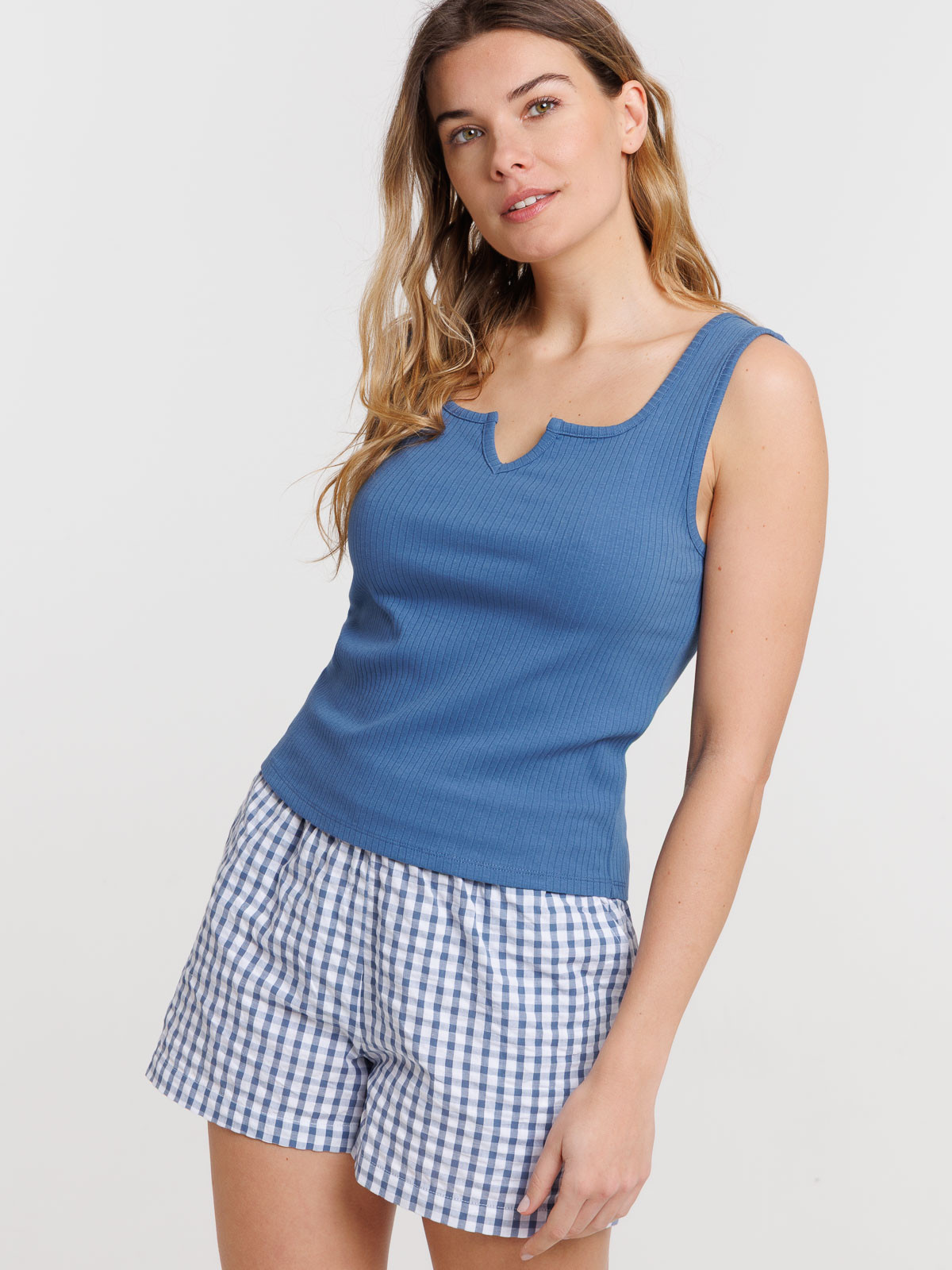 Débardeur côtelé femme bleu horizon