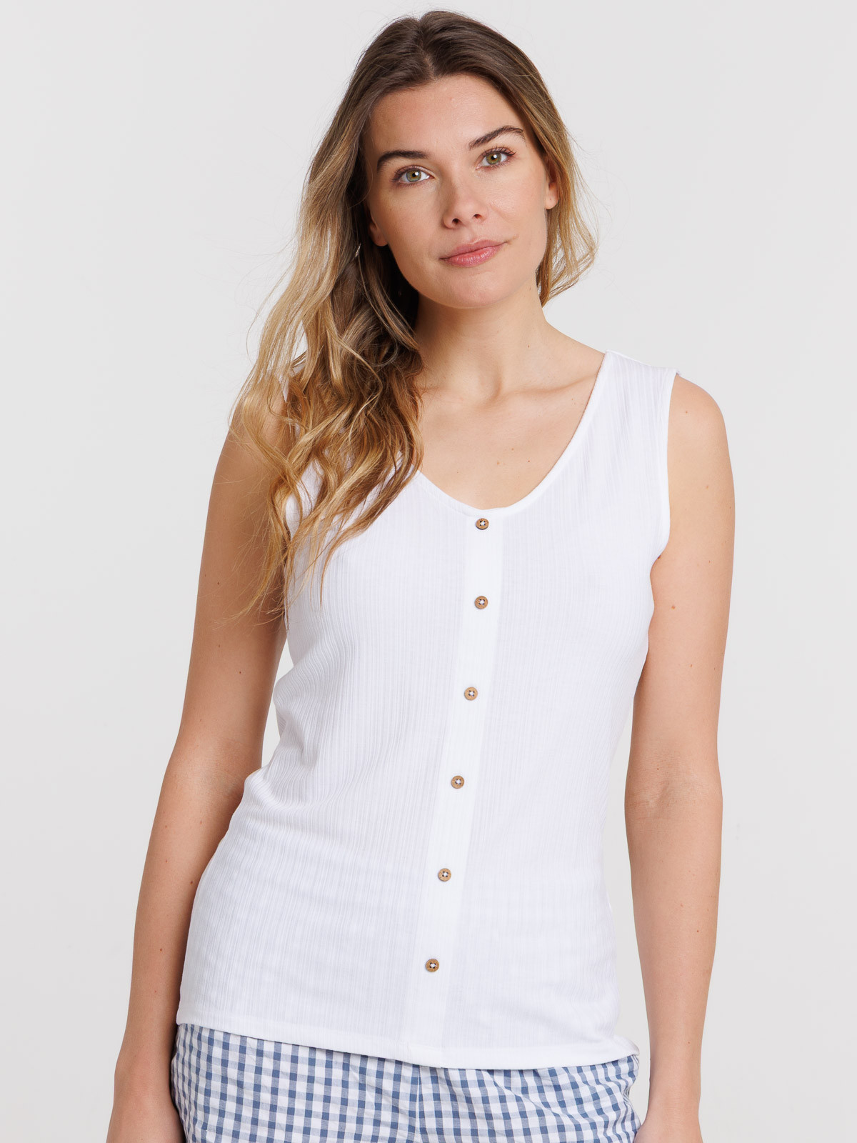 Débardeur blanc col V boutons femme Débardeur blanc col V boutons femme