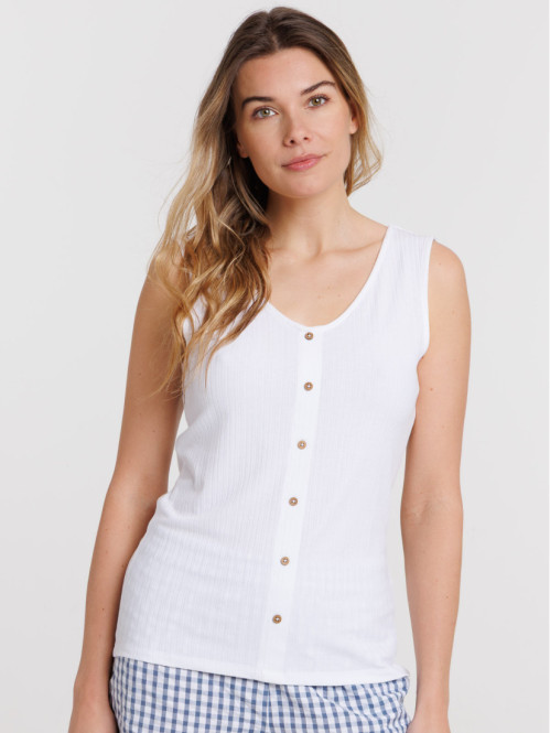 Débardeur blanc col V boutons femme Débardeur blanc col V boutons femme