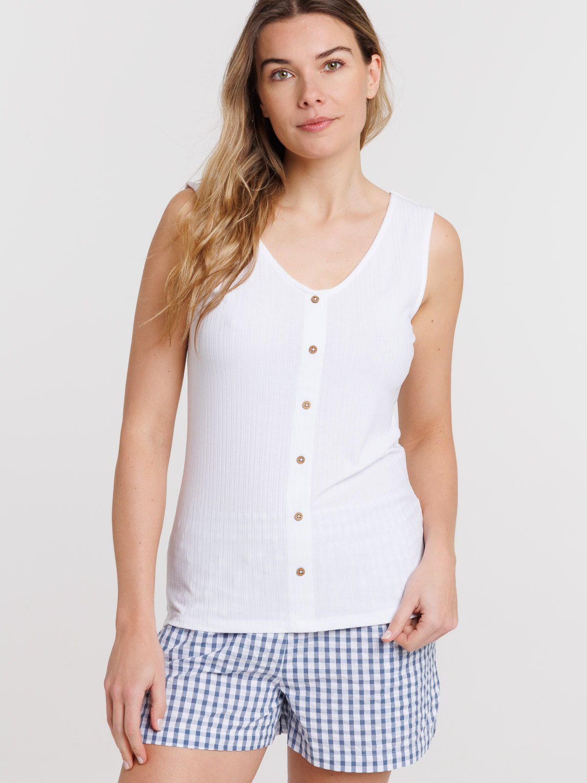 Débardeur blanc col V boutons femme Débardeur blanc col V boutons femme