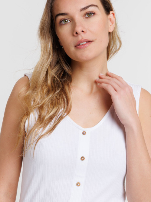 Débardeur blanc col V boutons femme Débardeur blanc col V boutons femme