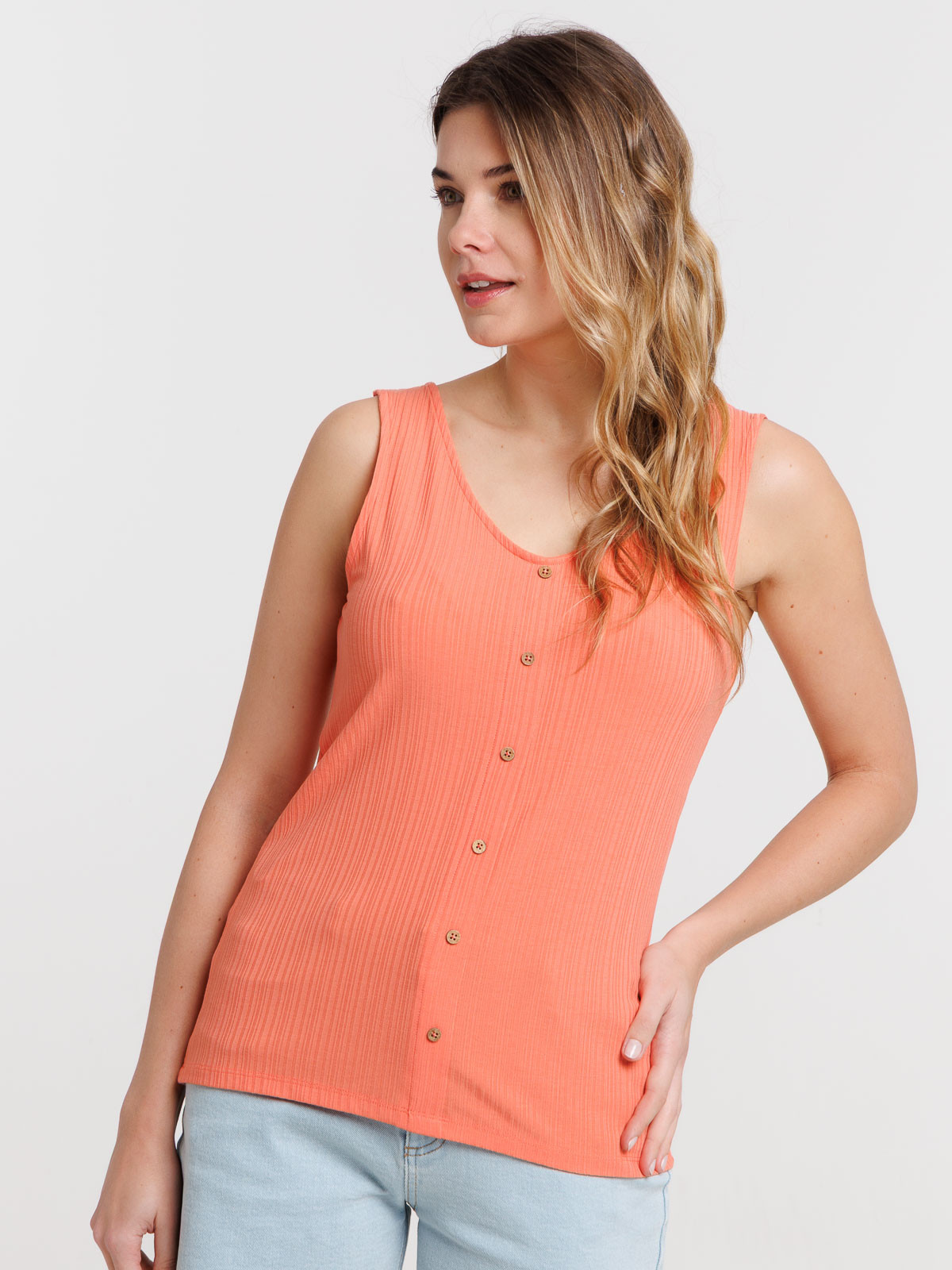 Débardeur corail col V boutons femme Débardeur corail col V boutons femme