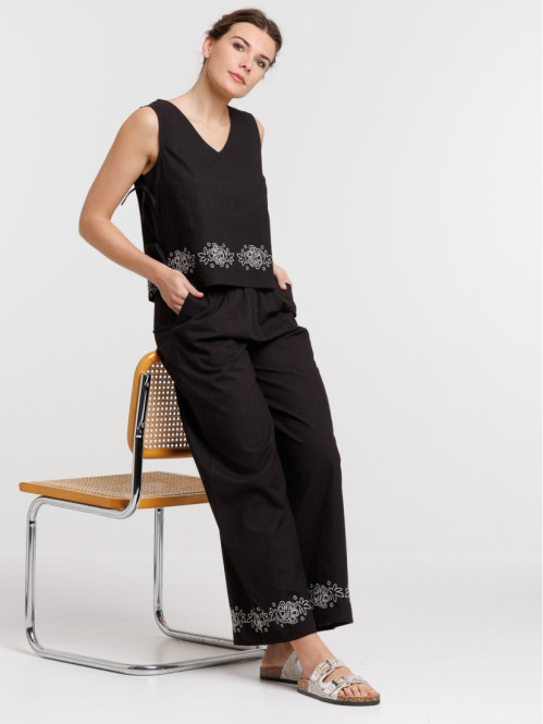 Pantalon femme noir fleurs...