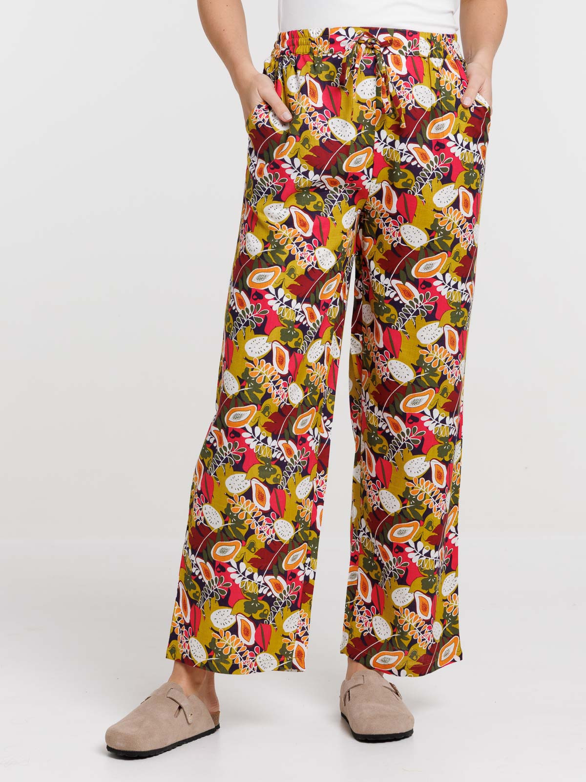 Pantalon large motif tropical femme