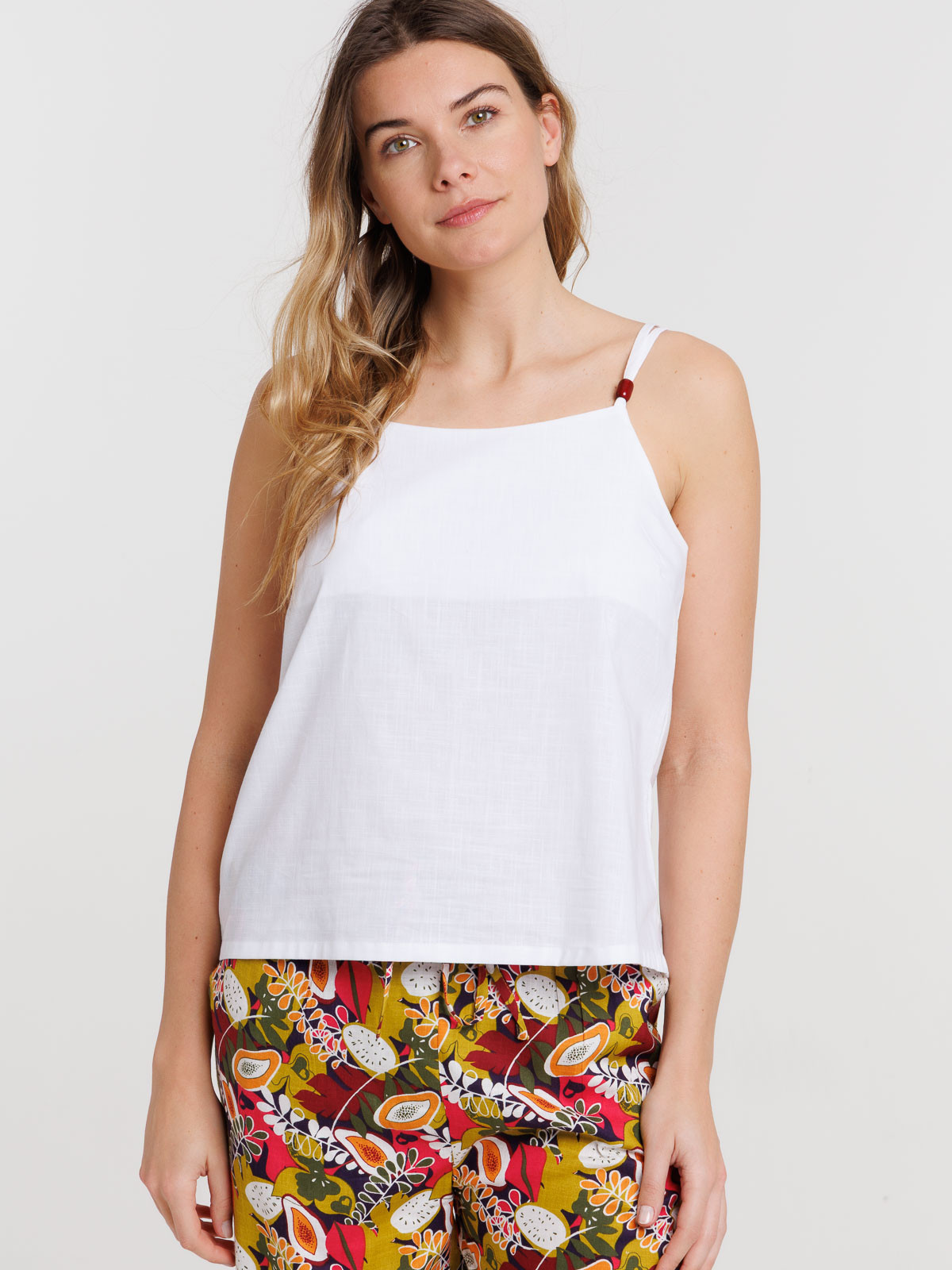 Top écru bretelles croisées femme