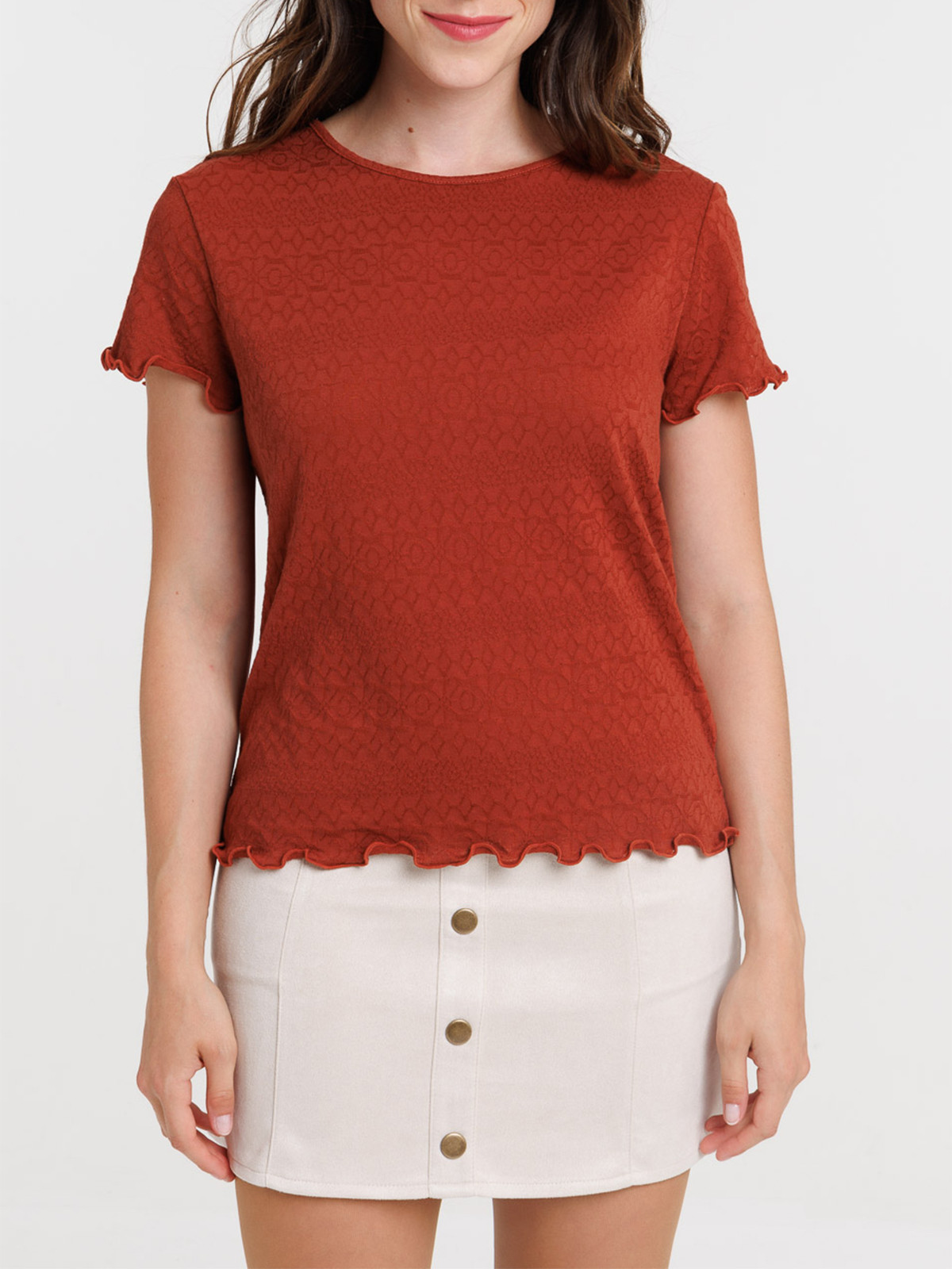 T-shirt col rond marron rougi femme