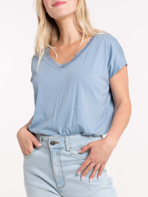 T-shirt col V dentelle femme