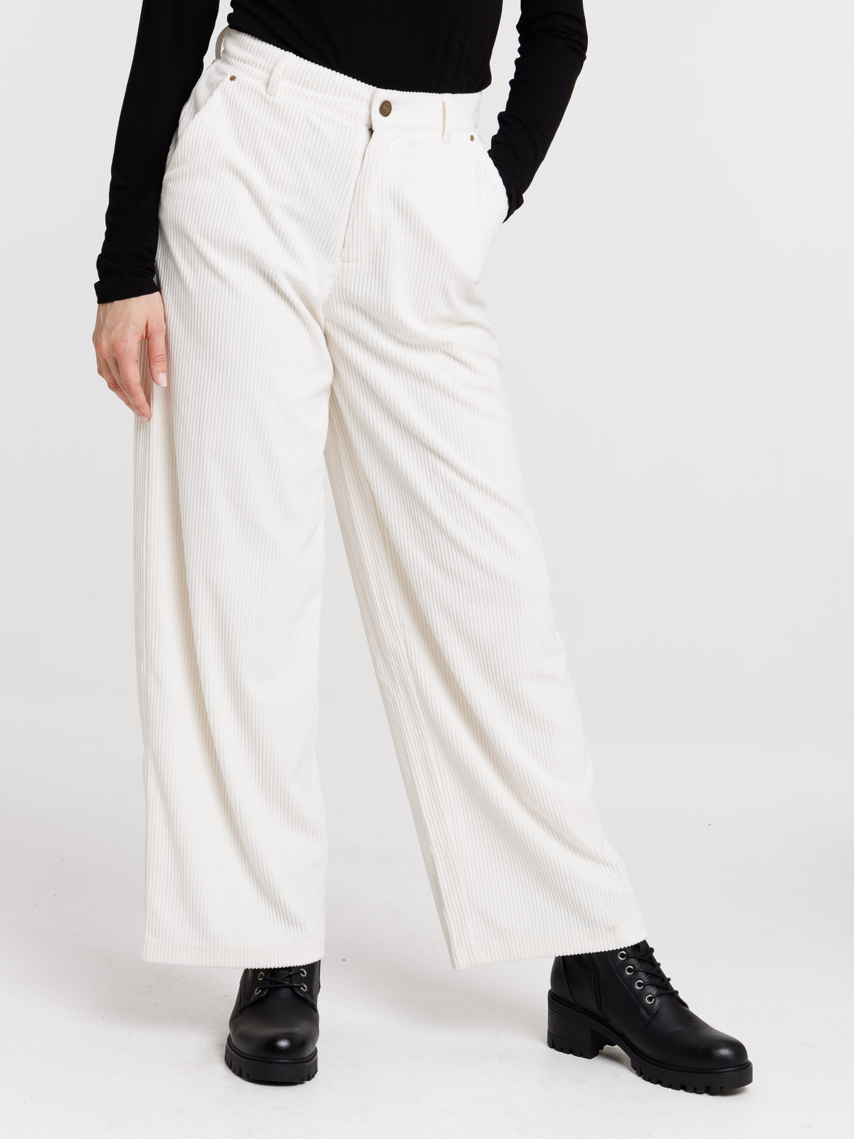 Pantalon large velours écru femme Pantalon large velours écru femme