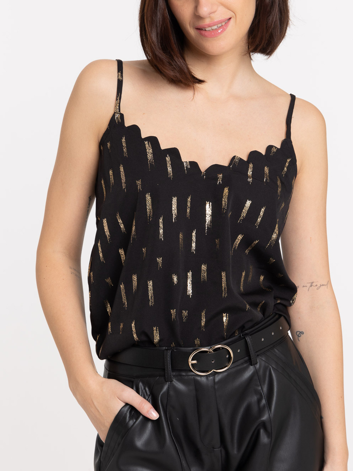 Top festonné noir et doré femme Top festonné noir et doré femme