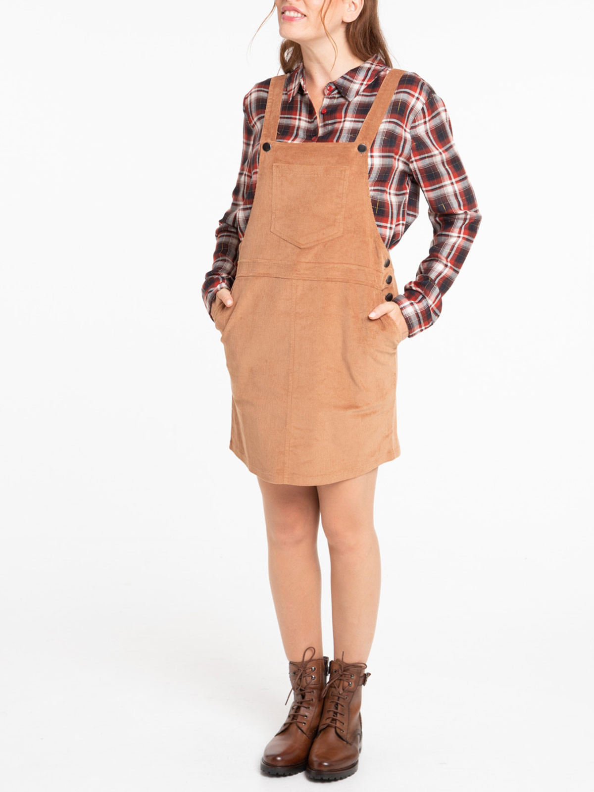 Robe salopette velours camel femme