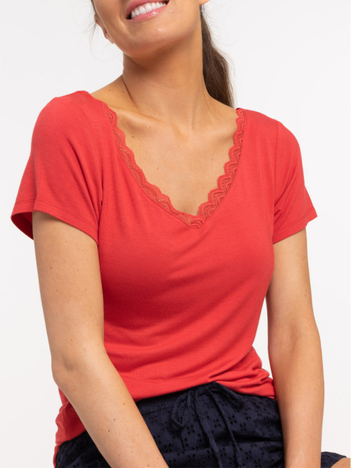 T-shirt col V rouge femme