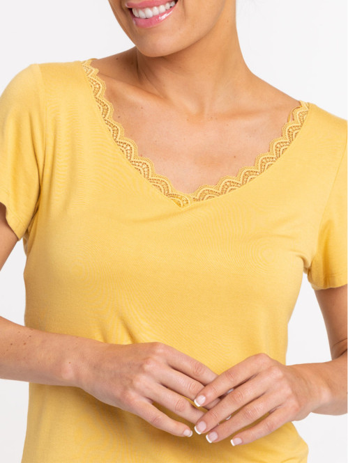 T-shirt col V ocre femme