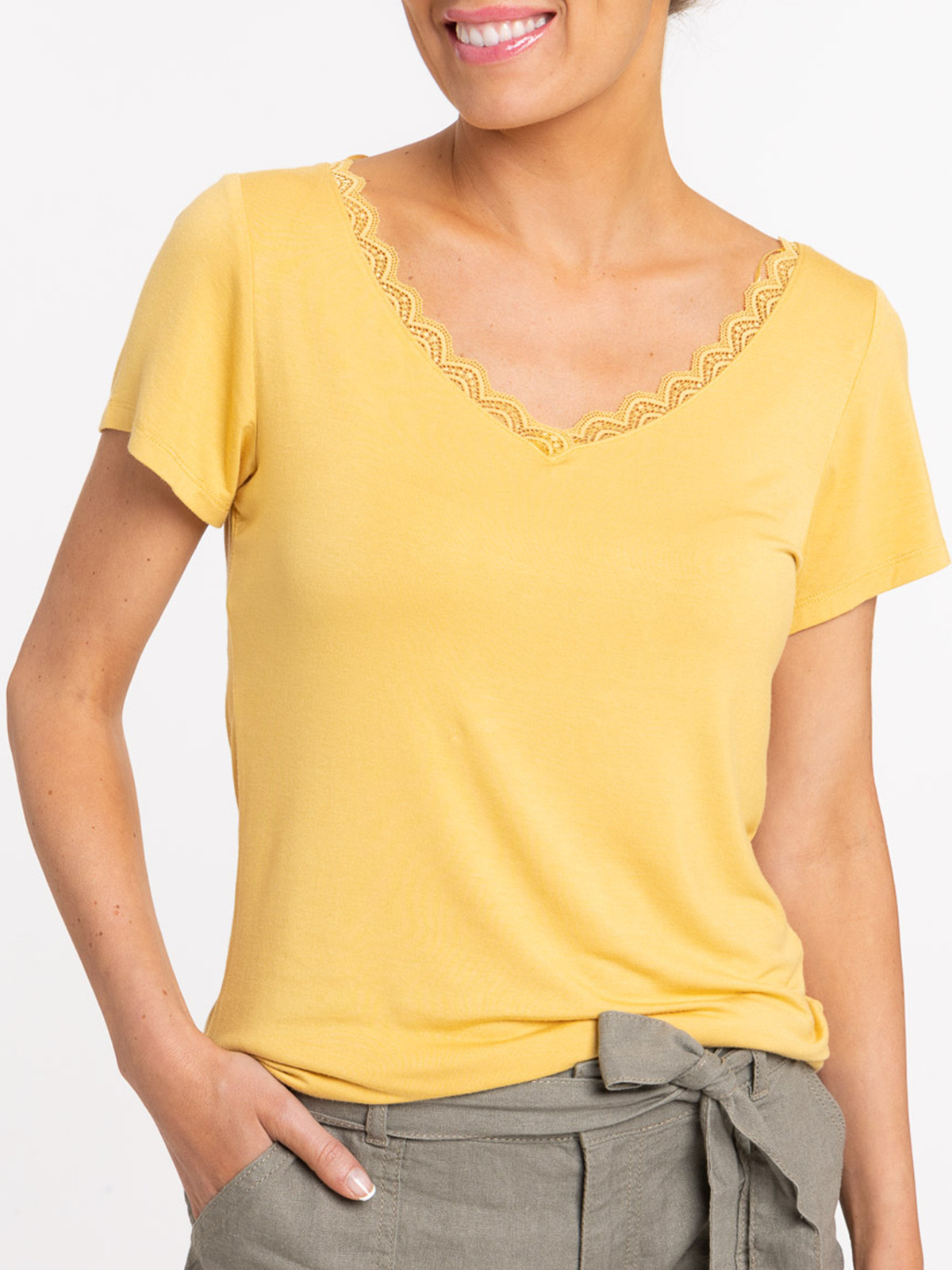 T-shirt col V ocre femme