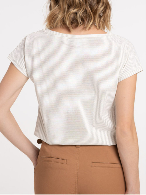 T-shirt rayé col V dentelle...