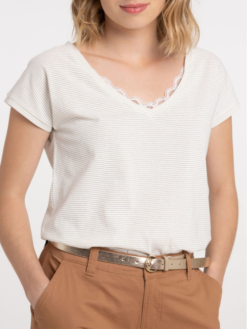 T-shirt rayé col V dentelle...