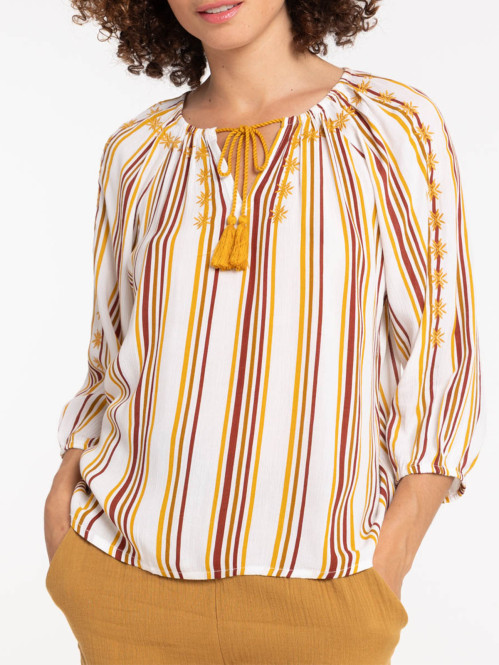 Blouse brodée et rayée femme