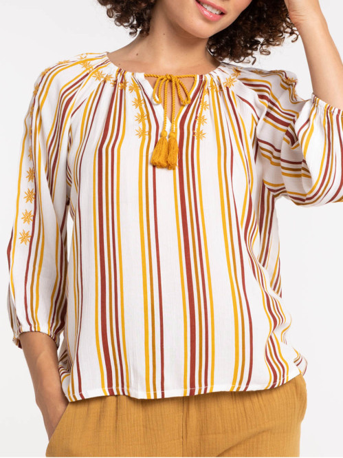 Blouse brodée et rayée femme