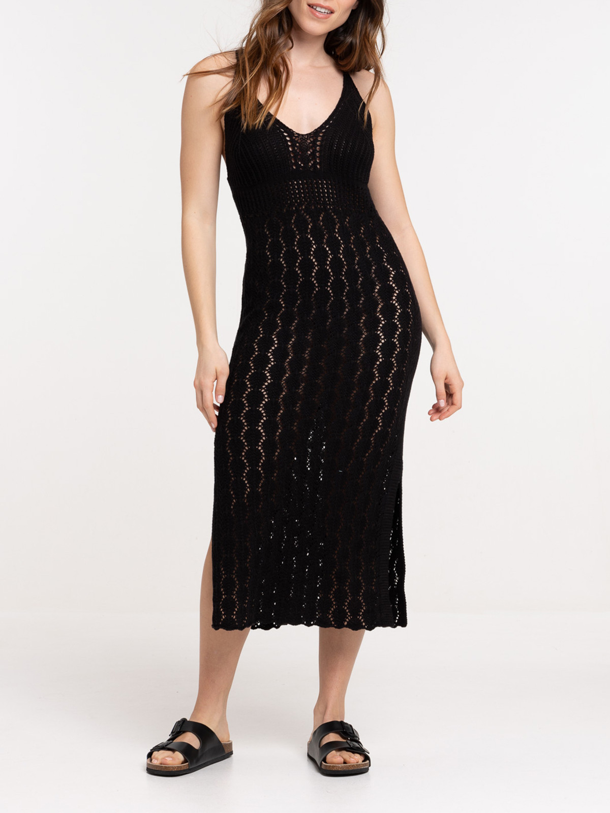 Robe longue crochet noire femme