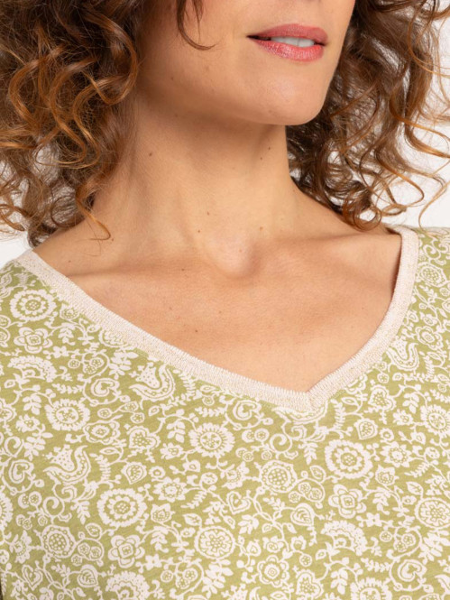 T-shirt col V imprimé fleuri femme